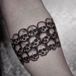 Skull arm band tattoo by Arang Eleven #arangeleven #blackworktattoo #blackwork #linework #dotwork #skulls #death #armband #detailed