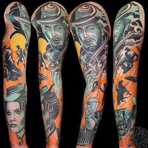 Neo traditional Western sleeve by Justin Acca. #neotraditional #JustinAcca #western #gun #train #horse #woman #lady #sleeve #neotraditionalsleeve