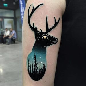 Deer overlay tattoo by Daria Stahp. #DariaStahp #overlay #deer #forest #nightsky #woods