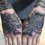 Hand pieces by Marc Nava #MarcNava #traditional #blackandgrey #wolf #dragon #tattoooftheday