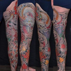 An astounding leg sleeve via Chris Garver (IG—chrisgarver). #dragon #Irezumi #Japanese #traditional #sleeves