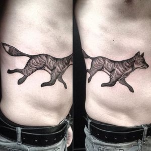 Prancing blackwork fox tattoo by Saskia. #blackwork #Saskia #fox #linework