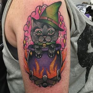 Kitty in a cauldron tattoo by Alex Rowntree. #traditional #neotraditioal #witch #cat #cauldron #AlexRowntree