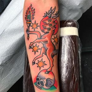 Tattoo by Robert Ryan #RobertRyan #color #traditional #Hindu #surreal #deer #skull #stars #animal #nature #thirdeye #fire #torch #sun