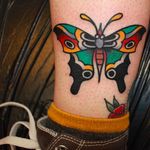 Rad butterfly tattoo on the ankle, tattoo done by CP Martin. #CPMartin #thedarlingparlour #sydney #traditionaltattoos #butterfly