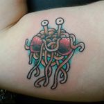 The Flying Spaghetti Monster by Jay Mitchell (IG—babyjtattoo). #JayMitchell #TheFlyingSpaghettiMonster #traditional