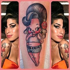 Amy Winehouse kewpie doll tattoo by Stacey Martin Smith #amywinehouse #StaceyMartinSmith #kewpiedoll #popculture