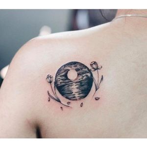 Moon and sea tattoo, in memory of the girl's mother via Instagram @helenxu_tattoo #moonandsea #moon #sea #flowers #linework #minimalism