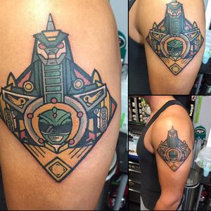 An awesome traditional take on the Green Ranger and the Dragonzord via J. Calenzo (IG—jcalenzotattoo). #Dragonzord #GreenRanger #MMPR #PowerRangers #traditional