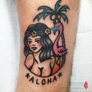 Hawaiian tattoo by Redlip Tattooer. #RedlipTattooer #Redlip #traditional #bold #hawaiiangirl #aloha #hawaii