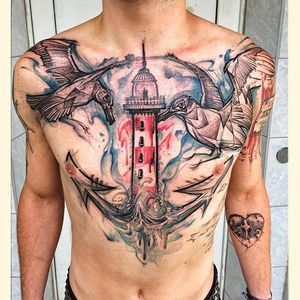 The lines and color combination in this nautical tattoo are sumptuous Tattoo by Bernd Muss #BerndMuss #watercolor #freestyle #illustration #naval #sailor #nautical #birds