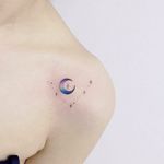 Simple watercolor moon tattoo by tattooist_flower #moon #galactic #watercolor #fineline #geometric #simple #blue #pastel #linework