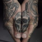 Skull thumbs by Antony Flemming #AntonyFlemming #blackandgrey #newschool #neotraditional #realism #realistic #skull #sword #death #bones #knife #tattoooftheday