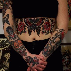 A collection of pieces by the incredible Martina #electricmartina #martina #traditional #newtraditional #butterfly #roses #color #fox #ship #pirateship #swallow #moth #bird #leaves #tattoooftheday