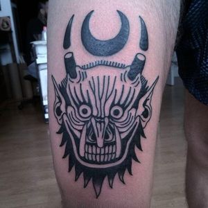 Demon head and crescent, awesome black tattoo by El Carlo. #ElCarlo #ElCarloTattoos #boldtattoos #surreal #demon #demonhead #demon #moon