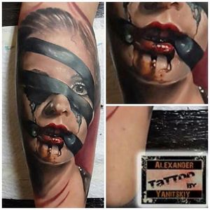 Bloody duct taped girl tattoo by Alexander Yanitskiy #alexanderyanitskiy #portrait #realism #realistic #blood #israel #girl