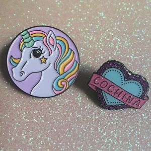 Unicorn and cochina enamel pins by Alex Strangler. #AlexStrangler #enamelpin #cute #girly #pin #unicorn #heart #pin