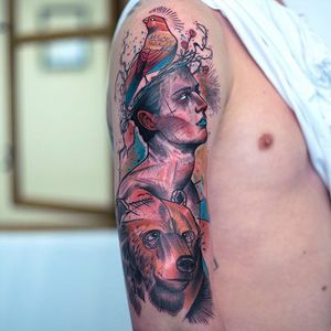 Man and animal tattoo by Tobias Burchert. #TobiasBurchert #traditionalartstyle #softpastel #contemporary #sketch #man #animals #bear