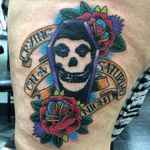 More lyric influenced traditional work. Tattoo by Nick Bergin #TheMisfits #punk #crimsonghost #horror #classicmovie #band #skull #fiendclub #traditional #roses #NickBergin