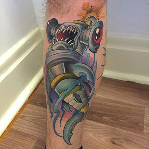 Shark plug/spark plug tattoo by Jack Douglas. #newschool #JackDouglas #shark #hammerheadshark #sparkplug