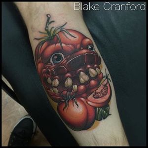 Killer tomato tattoo by Blake Cranford. #tomato #killertomato #neotraditional #styledrealism #BlakeCranford