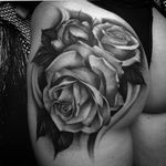Roses on butt cheek tattoo by Bobby Loveridge @bobbalicious_tattoo #black #blackandgray #churchyardtattoostudio #uk #roses