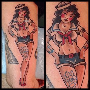 Tattooed Sailor Girl Tattoo by James Clements #sailorgirl #sailorgirltattoo #tattooedsailorgirl #tattooedsailorgirltattoo #tattoosintattoos #traditional #nautical #pinup #JamesClements