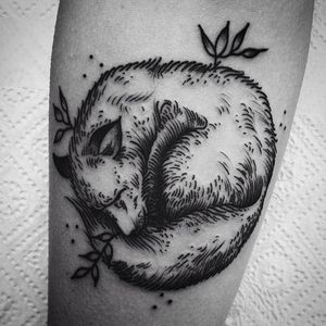Linework tattoo of a sleepy fox. By Horny Pony. #blackwork #HornyPony #linework #fox #animal