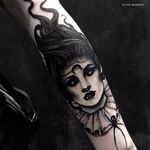Blackwork hollow-eyed woman tattoo by Ryan Murray. #RyanMurray #blackwork #dark #macabre #blackveilstudio #woman #victorian