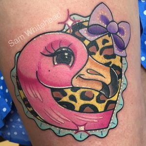 Flirty flamingo and leopard print heart tattoo by Sam Whitehead. #cute #pastel #flamingo #leopardprint #SamWhitehead