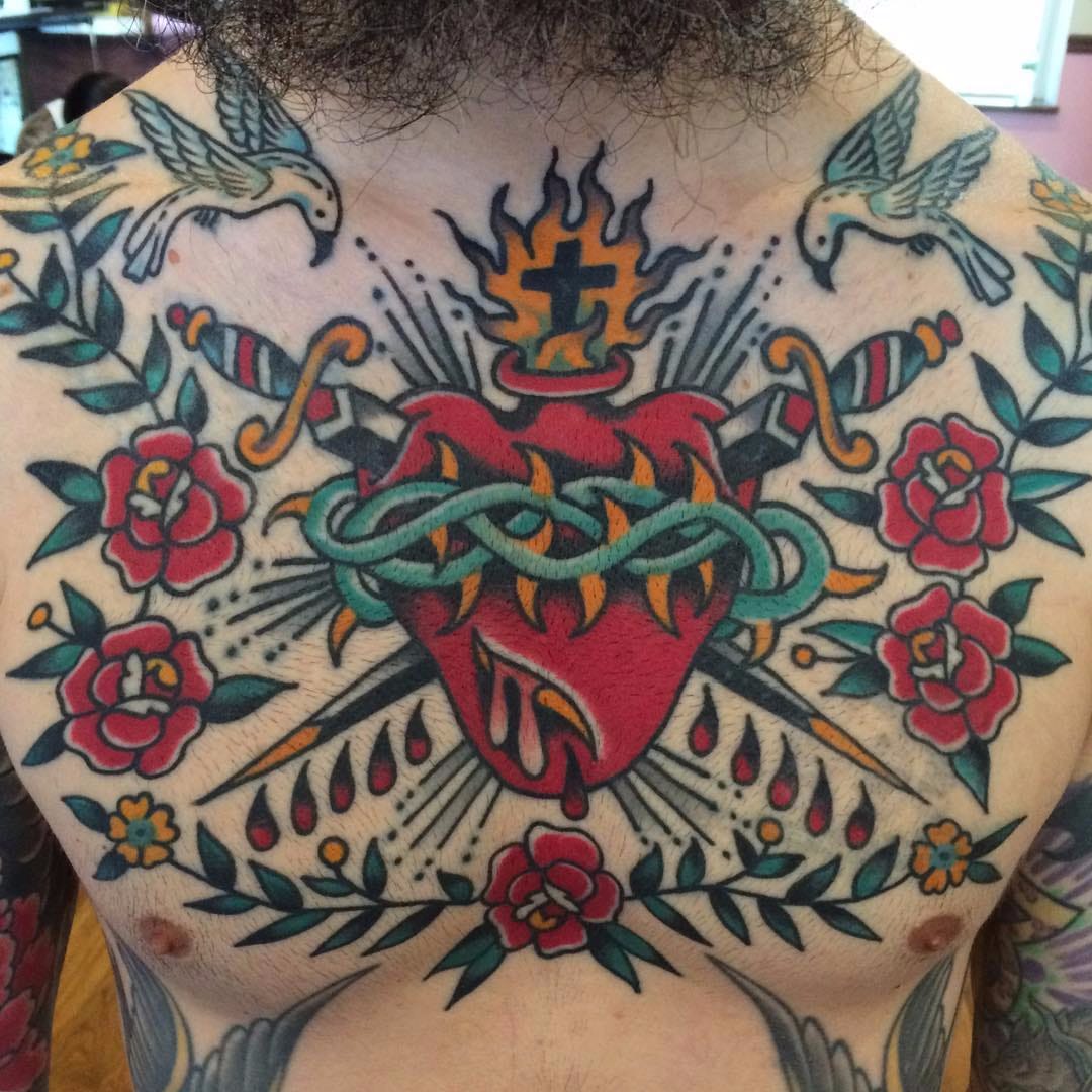Tattoo uploaded by Tattoodo • Sacred heart by Dan Santoro #DanSantoro # sacredheart #birds #roses #cross #swords #blood #thorns #crown #fire #heart #traditional #color #tattoooftheday • Tattoodo Tattoo uploaded by Tattoodo • Sacred heart by Dan Santoro #DanSantoro # sacredheart #birds #roses #cross #swords #blood #thorns #crown #fire #heart #traditional #color #tattoooftheday • Tattoodo