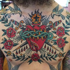 Sacred heart by Dan Santoro #DanSantoro #sacredheart #birds #roses #cross #swords #blood #thorns #crown #fire #heart #traditional #color #tattoooftheday