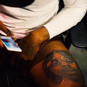 You'd think it would be Dave Chappelle who would get this tattoo. #KevinDurant #RickJames #Portrait #LegTattoo