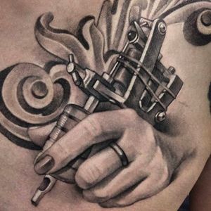 Awesome machine tattoo done by Anastasia Forman. #AnastasiaForman #realistic #blackandgray #tattoomachine #percywaters