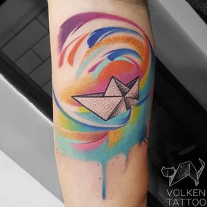 Paper boat tattoo by Volken #Volken #paperboat #dotwork #watercolor #graphic #wave