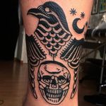 Crow, wings, skull and moon. Beautiful black tattoos by El Carlo. #ElCarlo #ElCarloTattoos #boldtattoos #surreal #skull #crow #moon