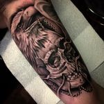 Eagle and skull half sleeve tattoo by Bobby Loveridge @bobbalicious_tattoo #black #blackandgray #churchyardtattoostudio #uk #eagle #skull
