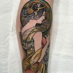 Alphonse Mucha tattoo by David Mushaney #davidmushaney #ArtNouveautattoo #color #neotraditional #ornamental #lady #portrait #flowers #floral #stainedglass #AlphonseMucha
