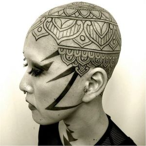 Mandala head tattoo in progress. Unknown Artist.  #Mandala #Head #Scalp #linework