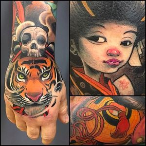 Awesome tiger and geisha tattoo #Logan #BarracudaTattoo #tigertattoo #geishatattoo #tiger #geisha #newschool