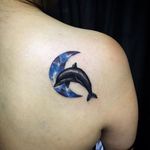 Miniature moon and dolphin piece by Darong Tattooer. #miniature #dolphin #moon #sparkly #DarongTattooer