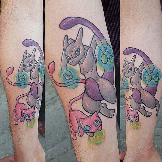 Mewtwo and Mew tattoo by Mewo Llama. 