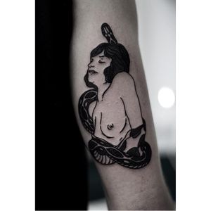 Snake woman tattoo by Vincent Denis #VincentDenis #monochrome #blackwork #minimalistic #dotwork #snake
