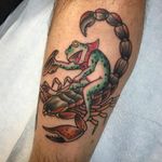 Ole Frog Wayne on a Pasadena jumping scorpion. Scorpion tattoo by Chelcie Dieterle #ChelcieDieterie #scorpion #traditional #frog