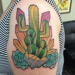 Cactus Tattoo by Nick Stambaugh #cactus #cactustattoo #traditonal #traditionaltattoo #brighttattoos #neon #neontattoo #colorful #quirky #creativetattoos #NickStambaugh