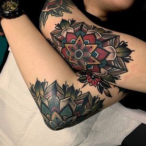 Elbow tattoo by Mico. #elbow #painful #traditional #traditionalamerican #traditional #mandala #Mico