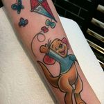 ‘Winnie the Pooh’ tattoo by Abbie Williams. #AbbieWilliams #kangaroo #baby #winniethepooh #pooh #poohbear #nostalgia #children #tvshow #cartoon #book