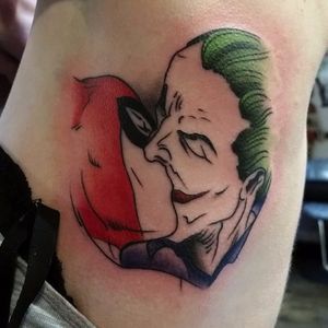 Joker and Harley Quinn Tattoo, artist unknown #Joker #HarleyQuinn #JokerandHarley #JokerTattoo #HarleyQuinnTattoo #Batman #ComicCouples #ComicTattoo #DC