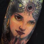 Third Eye Lady by Aimee Cornwell #AimeeCornwell #color #neotraditional #portrait #thirdeye #ladyhead #lady #eyes #deity #demon #witch #light #jewelry #face #tattoooftheday