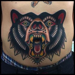Insane bear tattoo on stomach by Jonathan Montalvo @montalvotattoos #Montalvotattoos #JonathanMontalvo #Bear #BearTattoo #Traditional